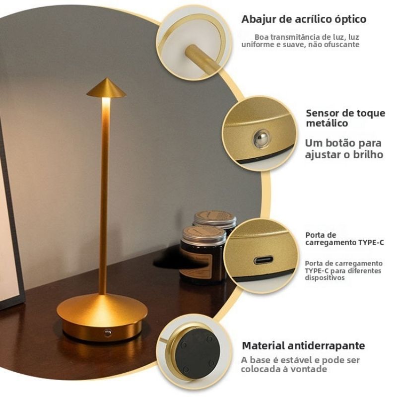 Luminária de Mesa em Led Recarregável Dourada Modelo Vellum